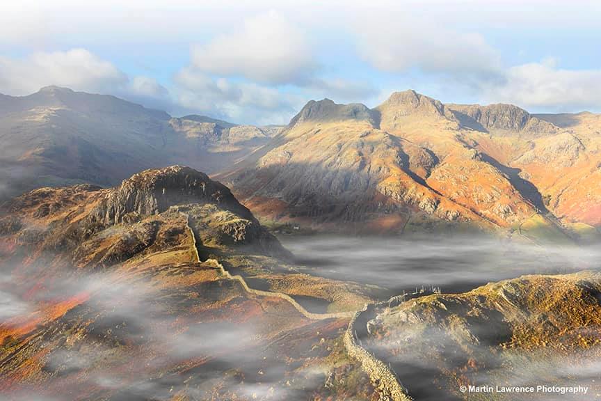 Sunrise and mist around Side Pike and Langdale Pikes from Lingmoor Fell