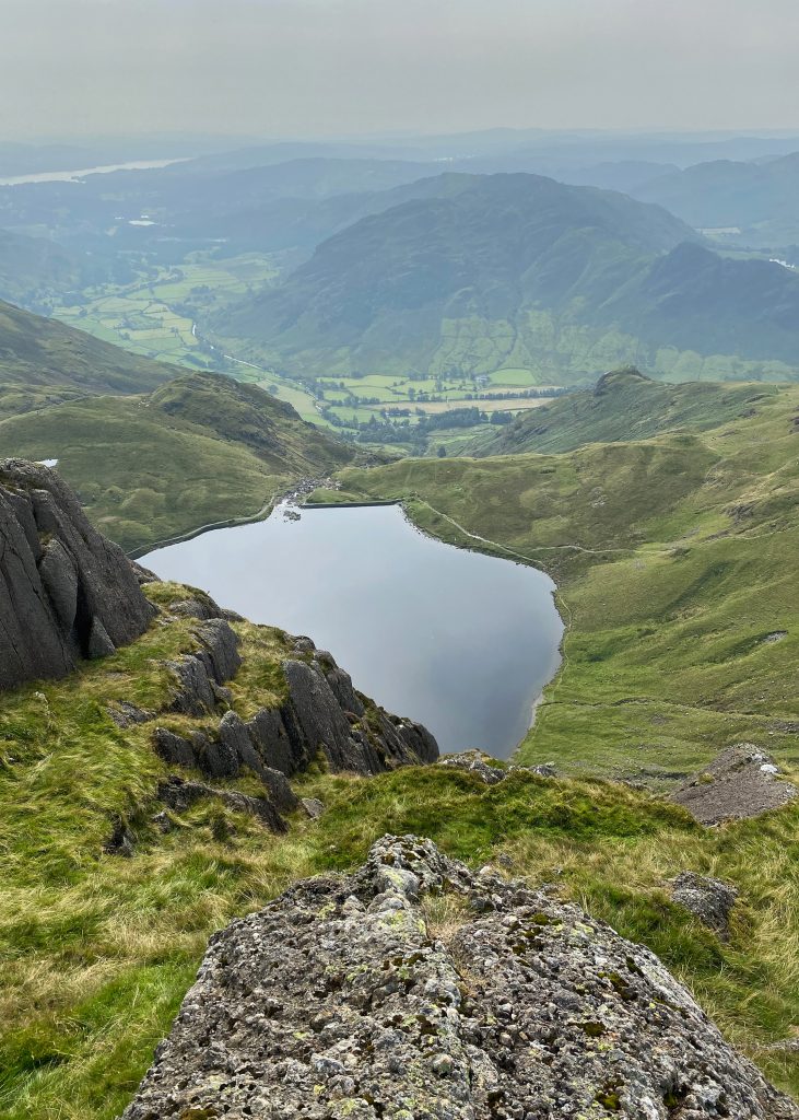 View from Pavey Ark, one of the Langdale Pikes, out over Stickle Tarn to Lingmoor Fell.