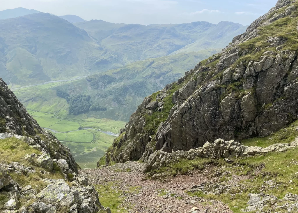 View down to Mickledon Valley from the Langdale Pikes