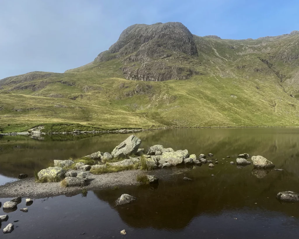 Stickle Tarn with the Langdale Pikes behind