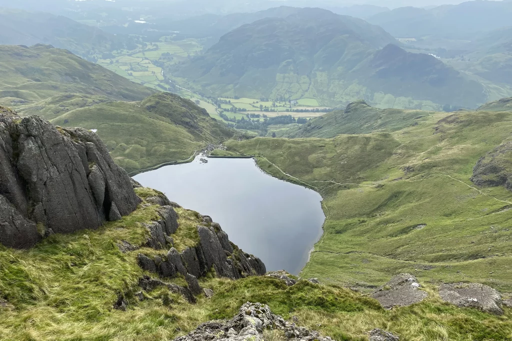 Pavey Ark summit gives views over Styickle Tarn to Lingmoor Fell and Side Pike